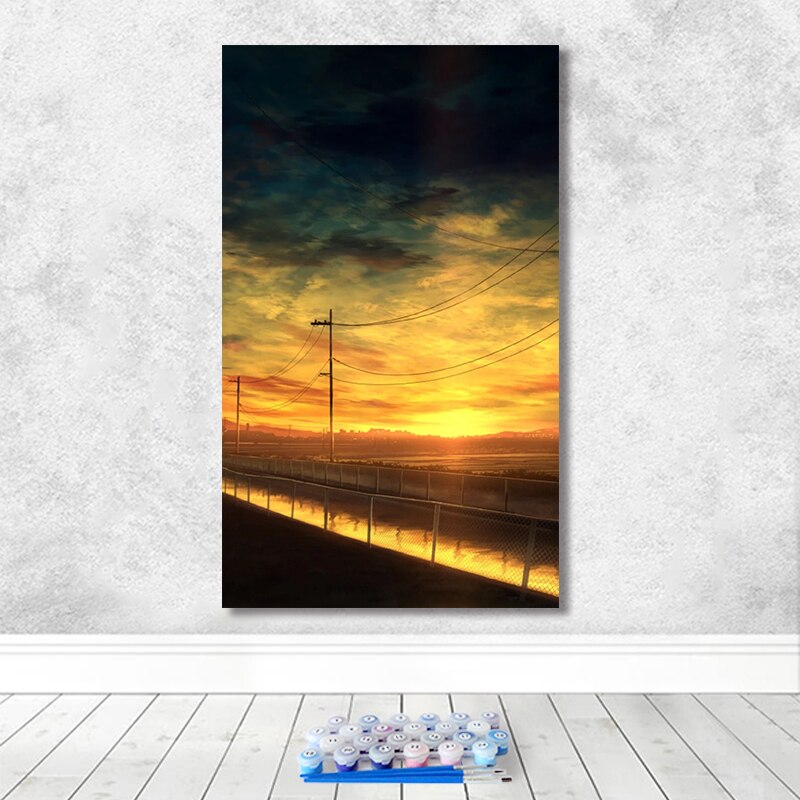Schilderen op nummer kunst handgetekende illustratie landschap schemering lucht roze wolken huis gang decoratief schilderij: 7549 / 48 x 80cm zonder frame