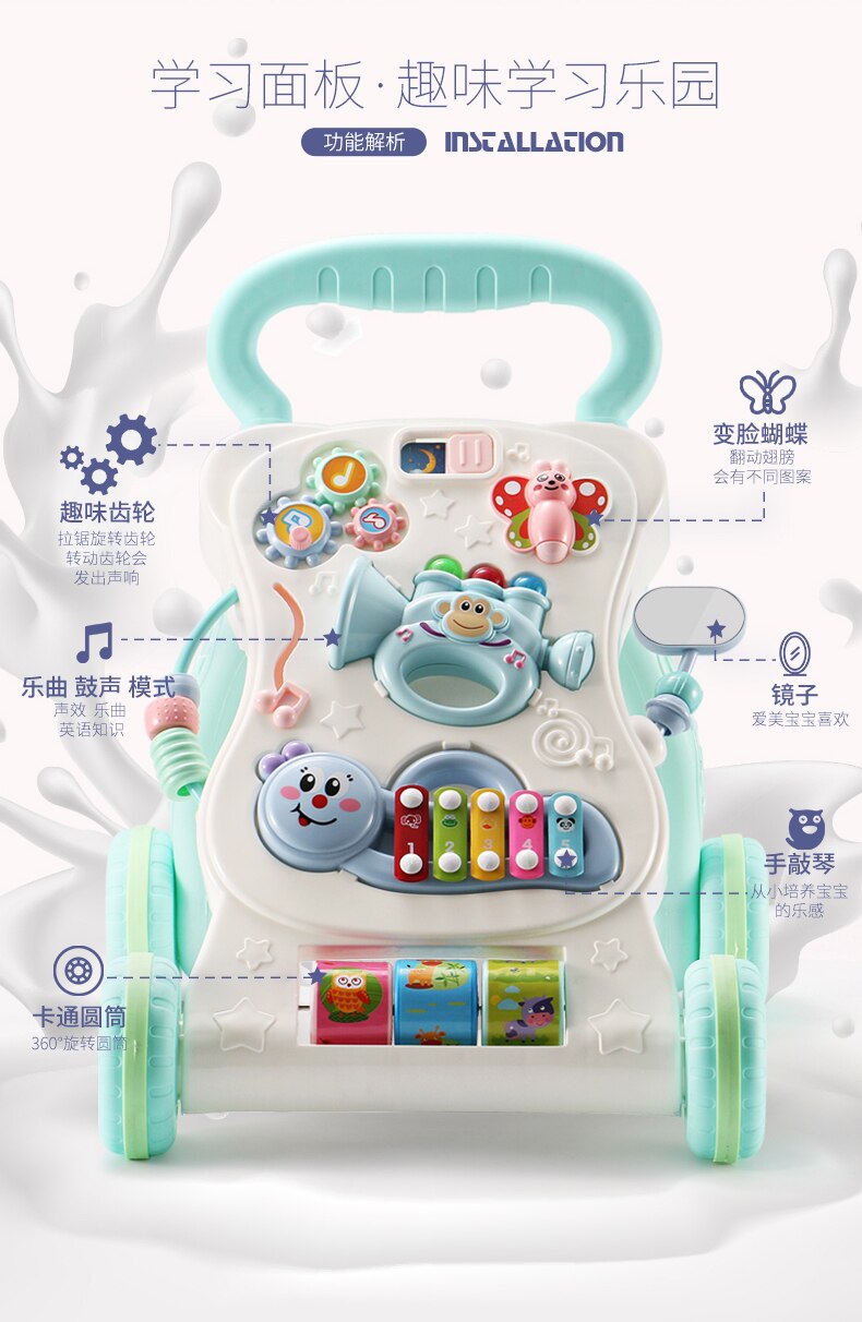 Andador de bebés de , juguete multifuncional, carrito para niños pequeños, andador Musical de ABS con tornillo ajustable: Verde claro
