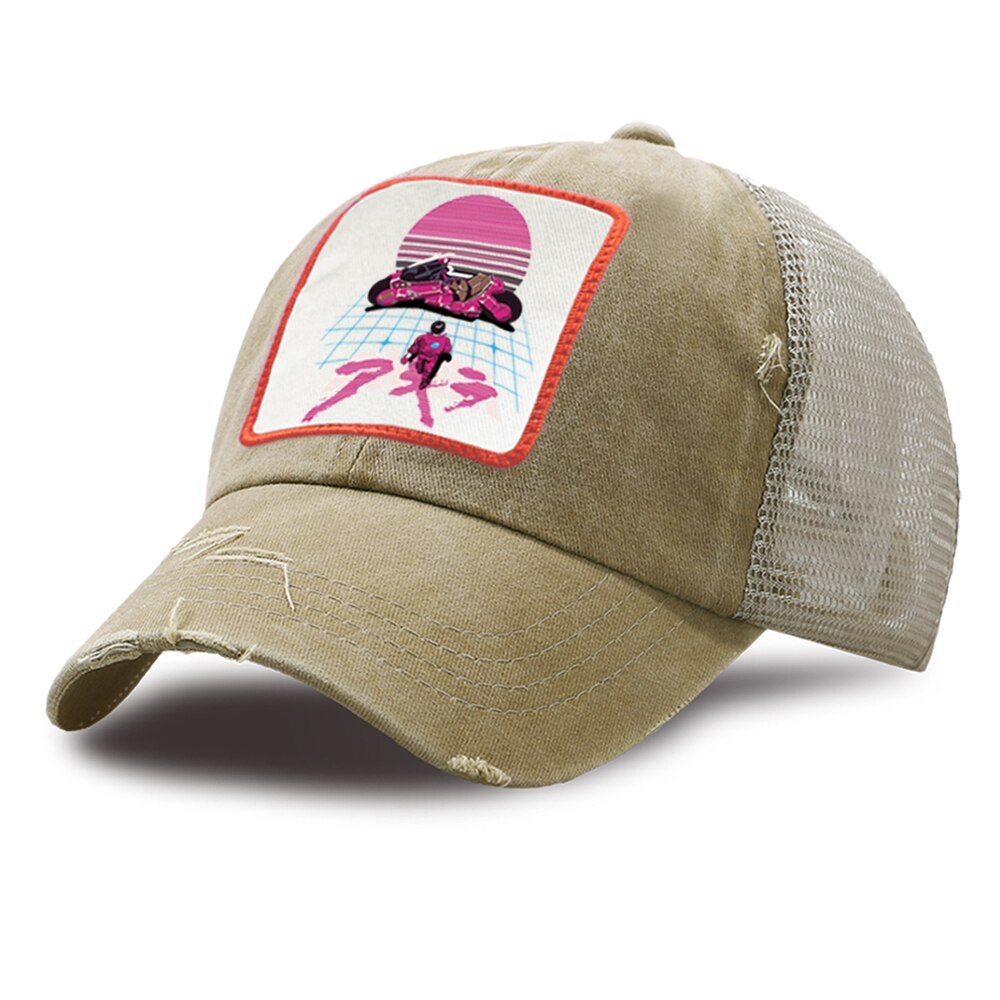 Akira synthwave japan anime baseball hat åndbar casual mesh golf kasketter sport bomuld trucker hatte unisex udendørs snapback cap: Khaki 6