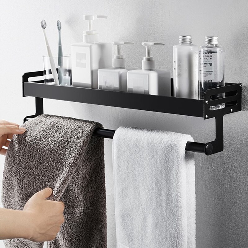Sort aluminium badeværelse hylde vægmonteret firkantet shampoo hylde kosmetiske hylder køkken opbevaring hylde rack arrangør di