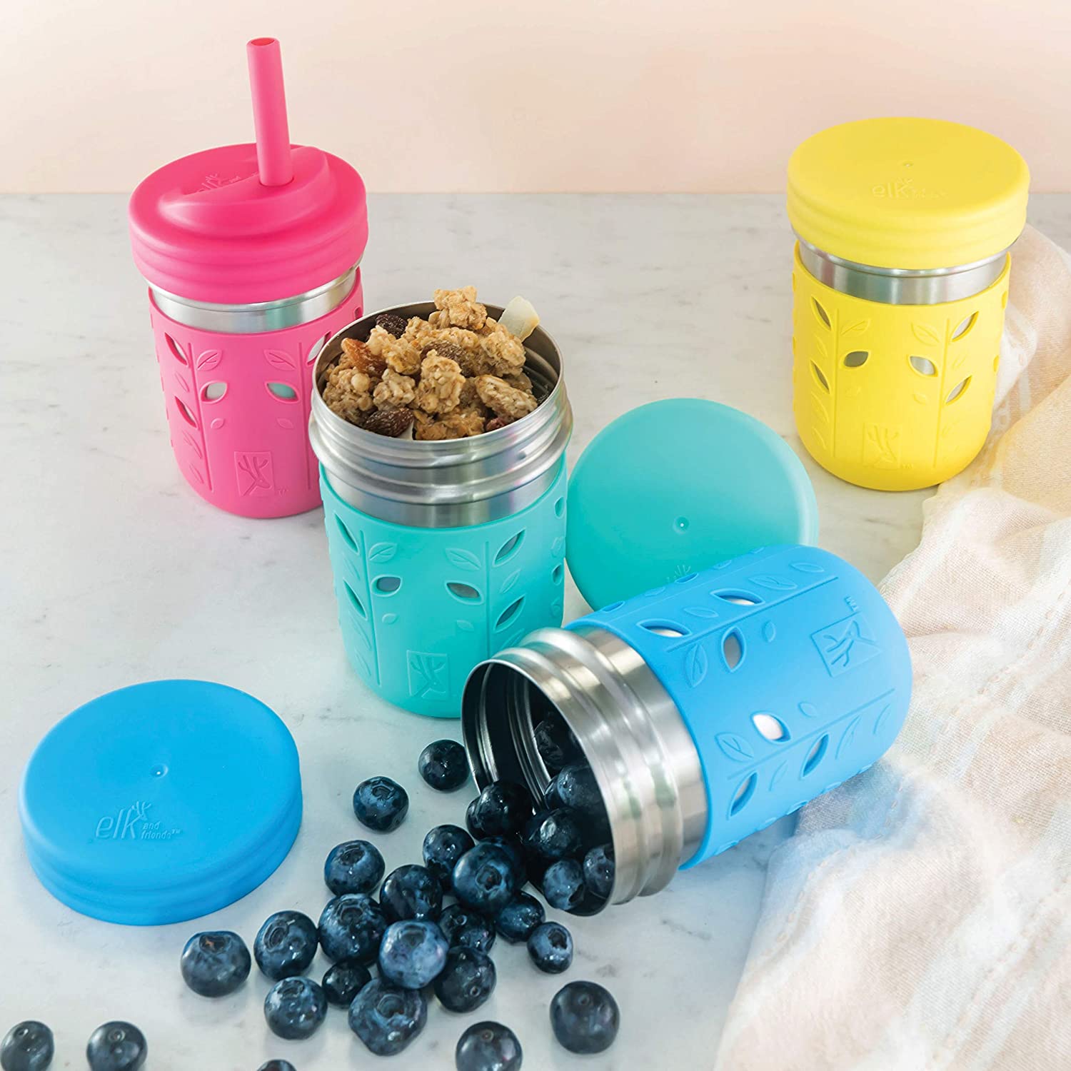 Stainless Steel Cups Mason Jar 10oz Kids Drinking Cups with Silicone Sleeves & Straws Leakproof Stopper Sippy Smoothie Mugs