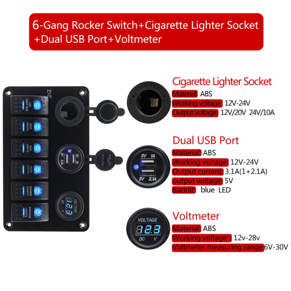 1/2/3/6/7/8 Panel de interruptor de encendido-apagado 2USB 12V-24V cargador LED voltímetro para coche SUV Marine RV camión Camper barco