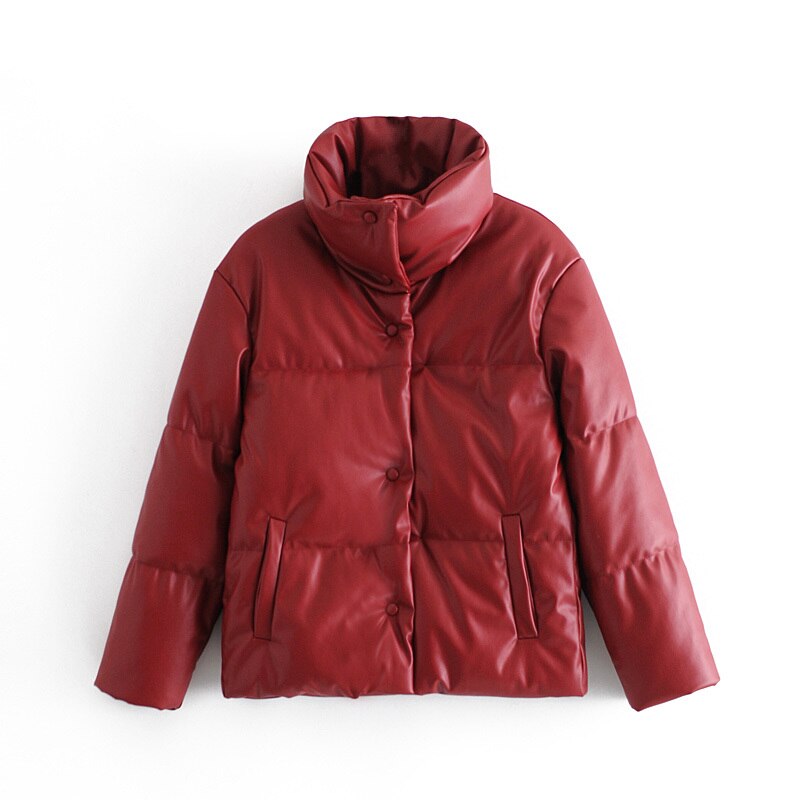 Cnlalaxury solid pu læder parkaer kvinder læder frakker kvinder tykke bomuldsjakker kvindelige dame outwear toppe: Rød / L