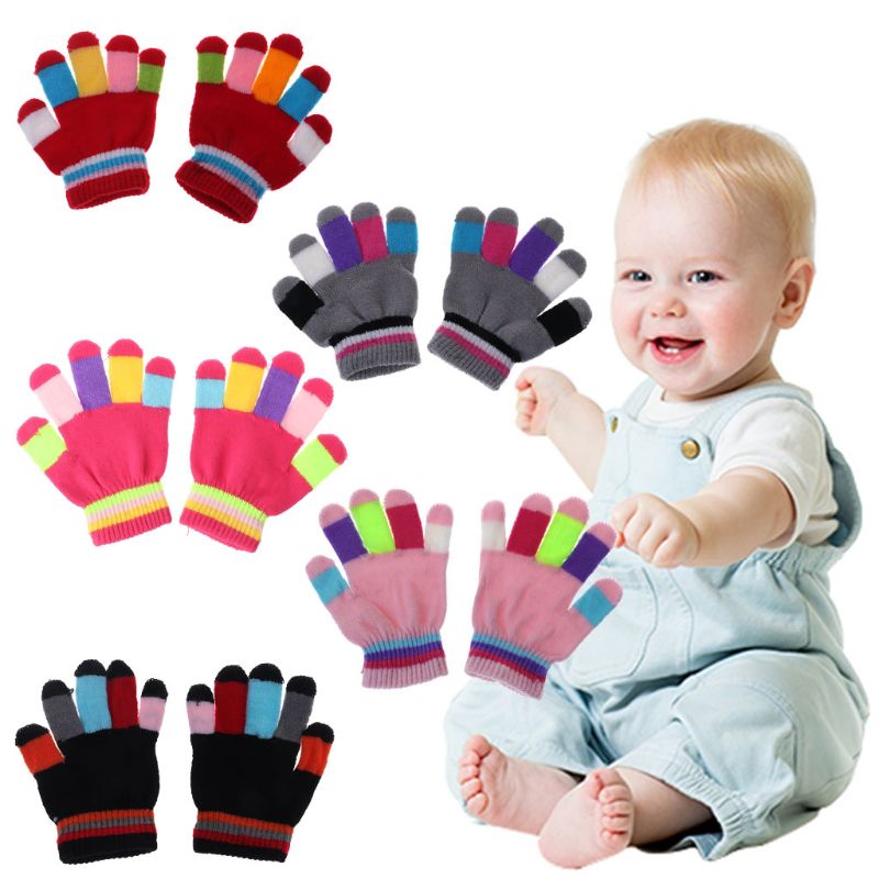 Plush Thick Warm Baby Gloves Winter Plus Velvet Mittens Children Kids Fleece Stripe Knitted Full Finger Gloves Color Elastic