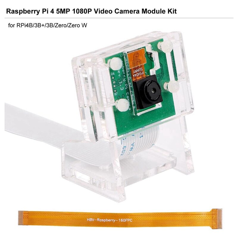 Módulo de cámara de 5MP, Webcam de vídeo 1080P + Soporte transparente para Raspberry Pi 4/3B +/ 3B/2B/Zero