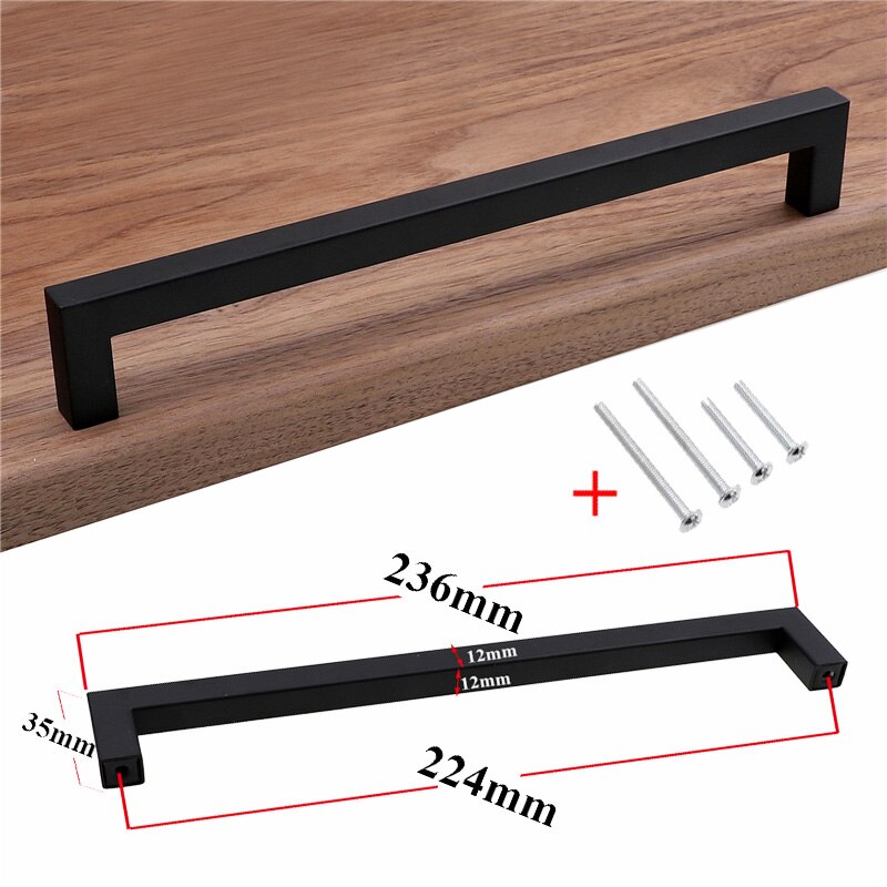 Modern Black Cabinet Handle Square Furniture Hardware Stainless Steel Kitchen Door Knobs Cupboard Wardrobe Drawer Pulls: 224mm