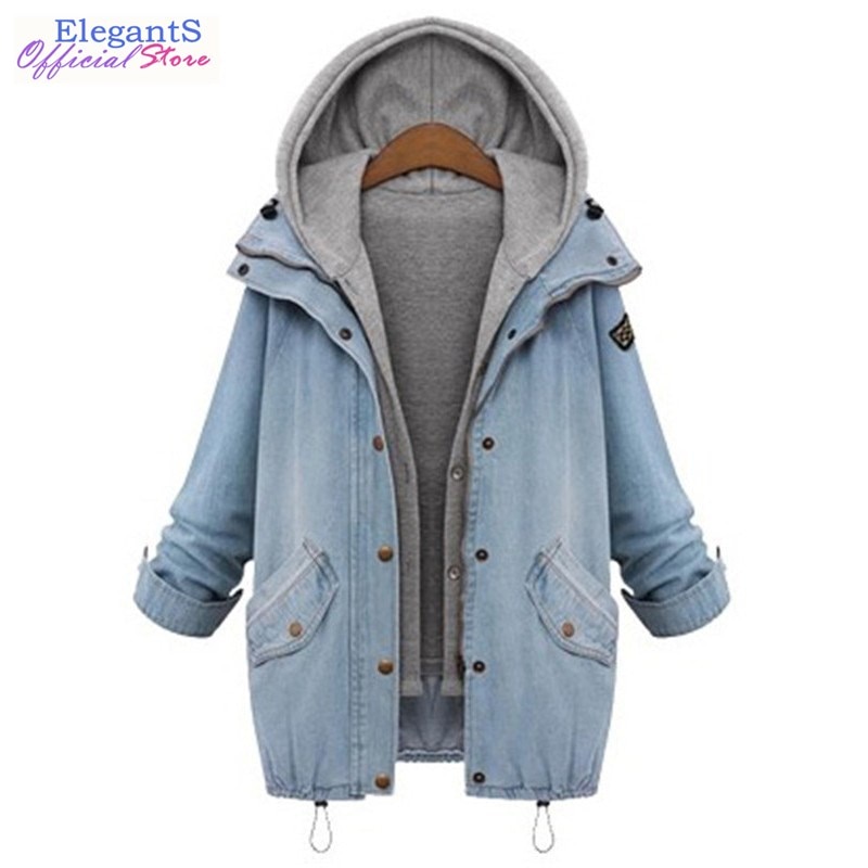 Frauen Mit Kapuze Denim Jacke Mantel Weibliche Jean Jacken Kordelzug Trends Patch Tasche Langarm Taste Hoodie Windjacke Frühling