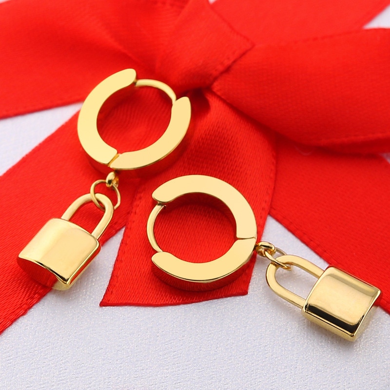 lock Shaped Stainless steel Stud Earrings For Women Punk Hip Hop Style Ear Jewelry Party 1 pair
