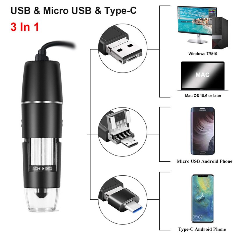 Microscopio Digital con USB, cámara endoscópica de aumento 1600X con adaptador OTG Compatible con Mac Windows 7/8/10 Android Linux