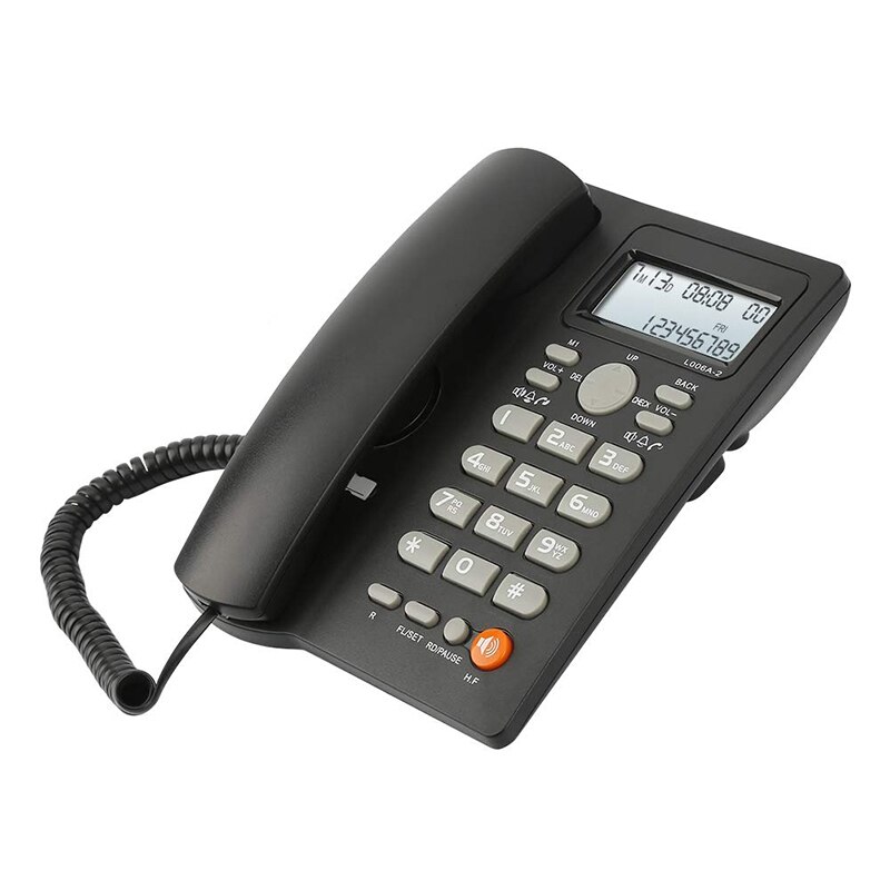 Desktop telefone com fio com visor de identificação de chamadas, telefone fixo com fio para casa/hotel/escritório, volume ajustável, data em tempo real w