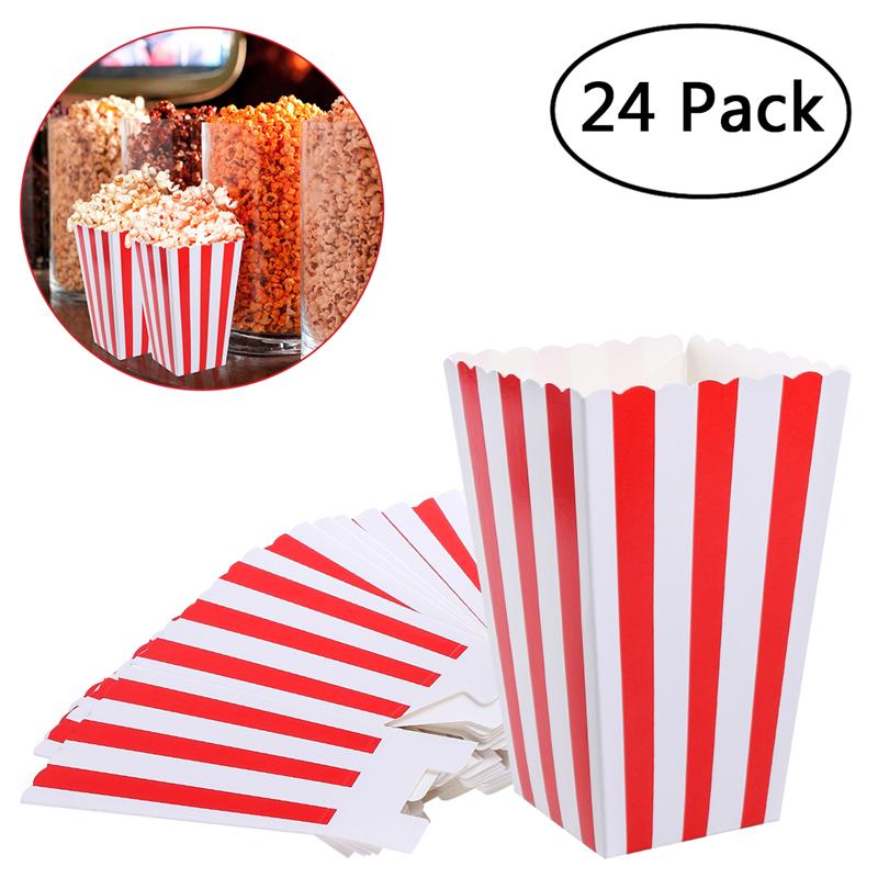Cajas RAYA ROJA para palomitas de maíz, 24 Uds., cajas para dulces, cajas de cartón, bolsas de papel para cine en películas, mesas de postre, recuerdos de boda