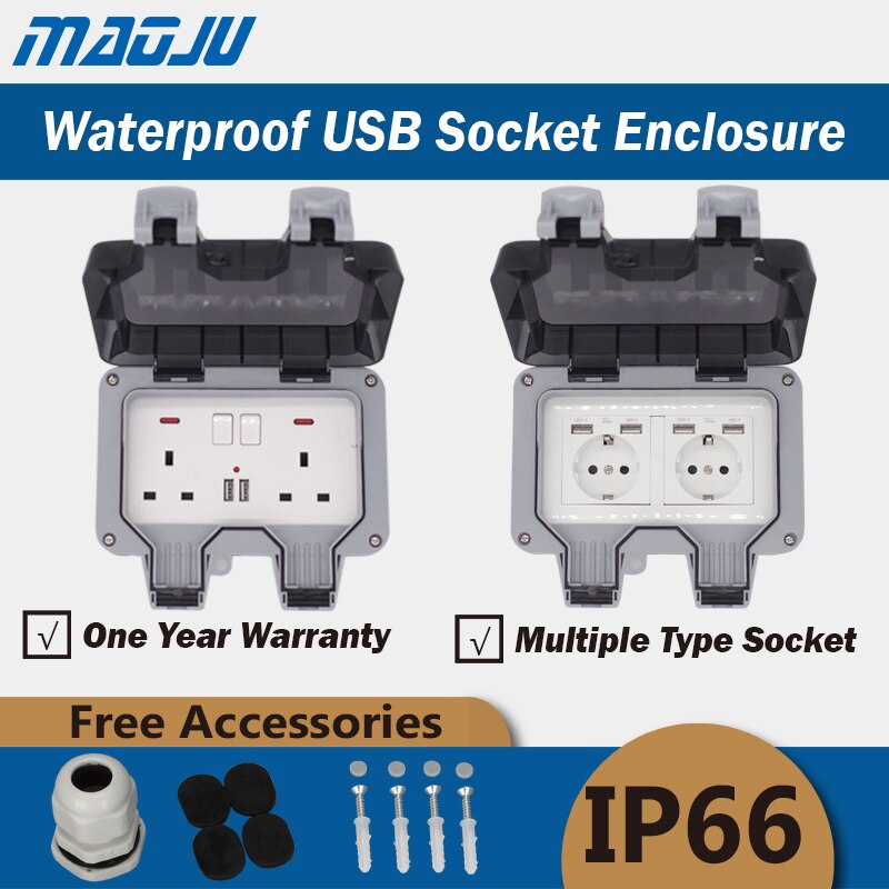 Prise électrique USB Type 2, 13A/16A, pour l'extérieur, boîtier de sortie étanche, européen, britannique et russe