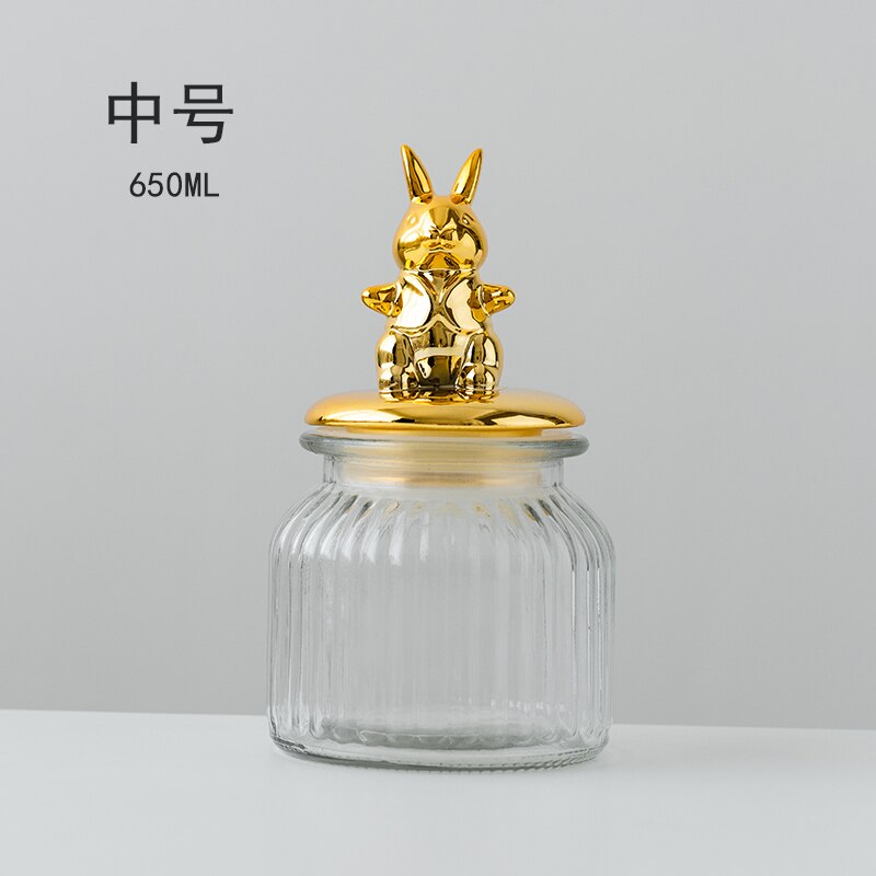 Transparent Glass Storage Jar Golden Ceramic Lid Cute Snack Tea Storage Food Grade Candy Jar Kitchen Storage Supplies: rabbit-M