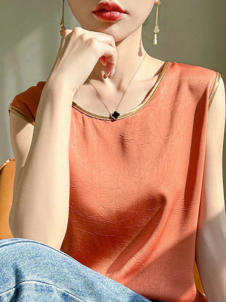 Women Summer Artificial Silk Satin Embossing Flower Thin O-neck Tank Top Gold Collar Hem Smooth Camisole Basic Model Silky Camis