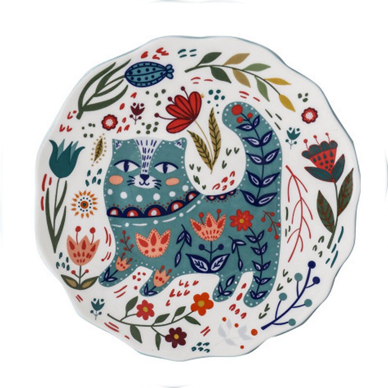 8 inch Colorful Cat Dinner Plate Under-Glazed Ceramic Dinner Dishes Dessert Tray Flower Kitten Dinnerware Microwave Safe: C