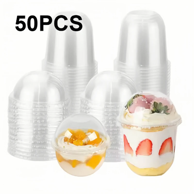 50ST Engångs Plastmuggar med Lock - 250ml 360ml 500ml - Transparent Behållare för Drycker, Desserter, Glass