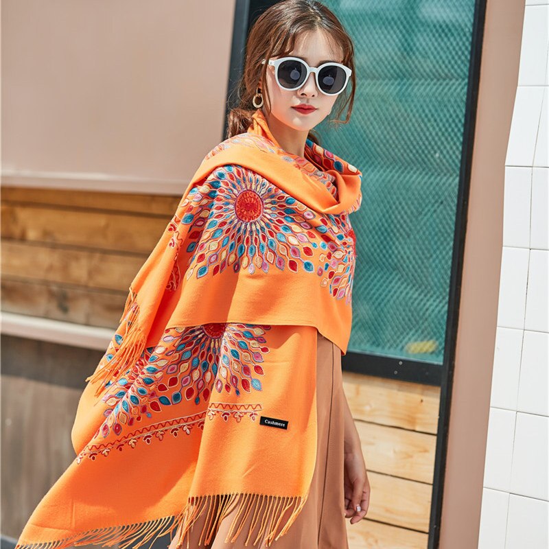 Vrouwen dikke kasjmier sjaals tibetaanse nepal zonnebloem sjaal borduurwerk kwast lange sjaal warme pashmina gebreide dames: 05