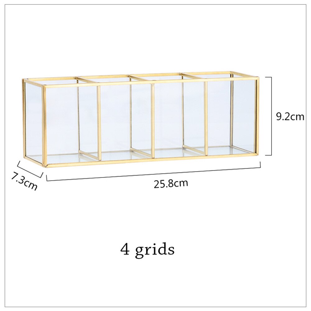 Caja de almacenaje para maquillaje Vintage, joyero de mesa de cristal dorado, clasificación decorativa, organizador cosmético, soporte para brochas de maquillaje: 4 grids