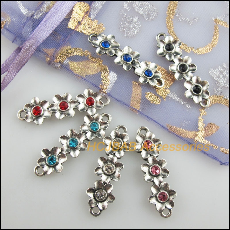 12 3-Flower Charms Tibetan Silver Color Crystal Mixed Connectors 8.5x28mm