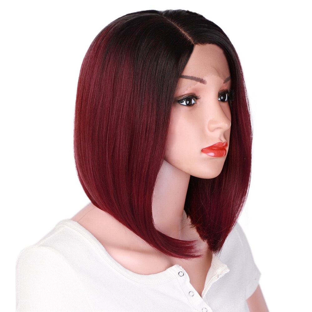 Aisi Haar 12 Inch Zijscheiding Ombre Zwart Rood Pruik Synthetische Lace Front Pruik Hittebestendige Vezel Haar Cosplay Bob pruik