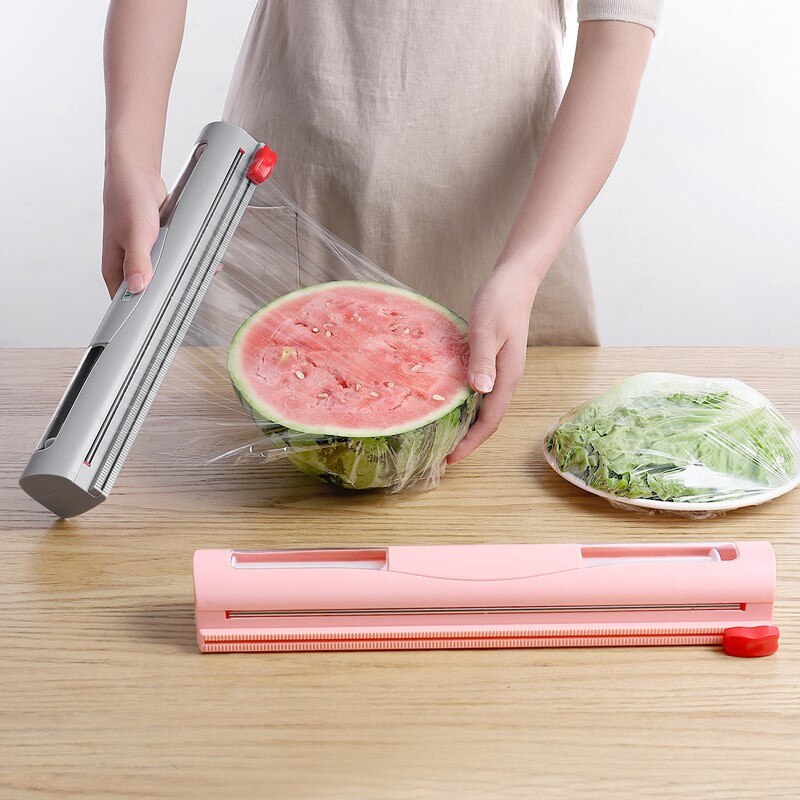 Plastic Food Wrap Dispenser with Slide Cutter Adjustable Cling Film Cutter Preservation Wall-Mounted Storage Box with Suction