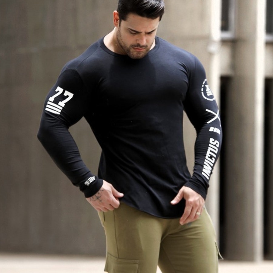 Heren skinny shirts met lange mouwen lente casual bedrukt t-shirt heren sportscholen fitness zwarte t-shirt tops merkkleding