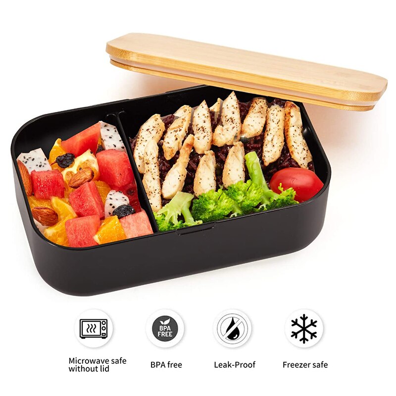Fiambrera de bambú portátil para niños, caja Bento japonesa para la escuela, contenedor de alimentos con cuchillo y tenedor, compartimentos móviles para microondas