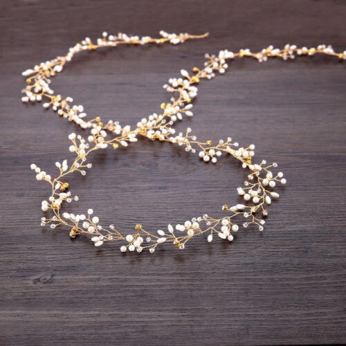 Bryllup hår vin bryllup tilbehør krystal perle pandebånd lang kæde hovedstykke: Guld 50cm
