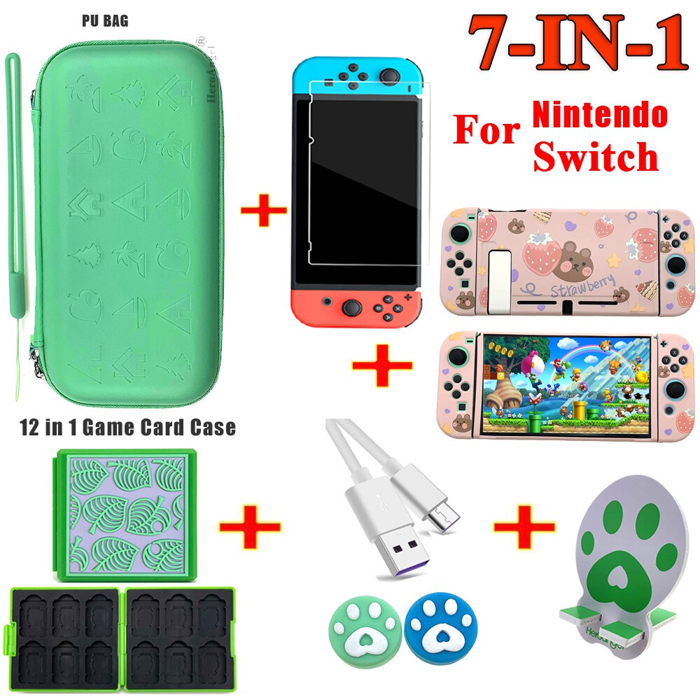 7 IN 1 Sakura custodia IN PU rosa per Nintendo Switch / Lite custodia da viaggio custodia IN pelle per Nintendo Switch accessori protettivi: Switch 7 in1 Green A