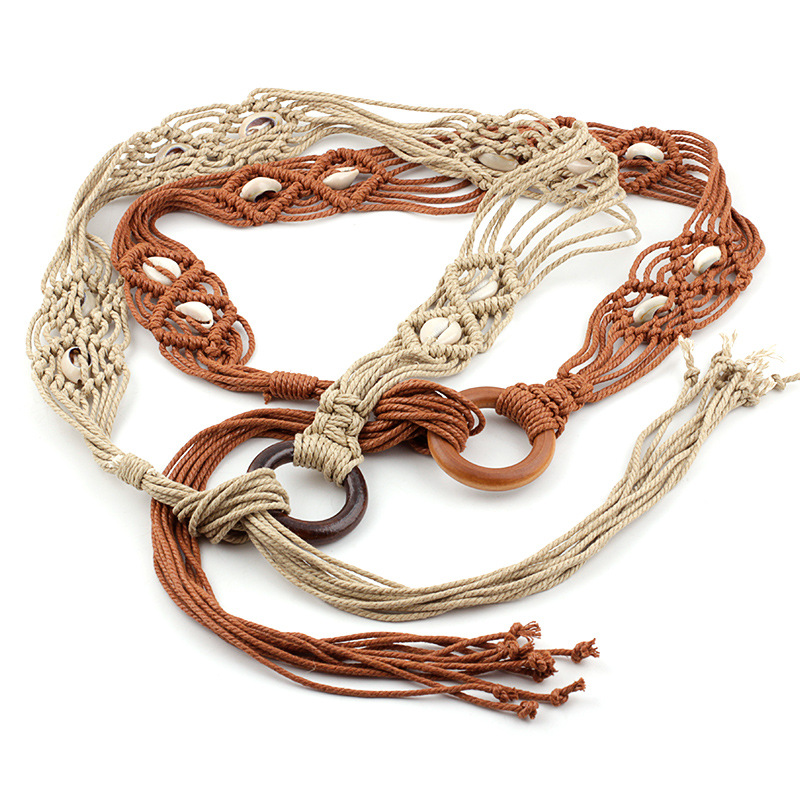 Shell Waist Rope Hand-knitted Knotted Belt Vintage Wooden Ring Buckle Decorative Dress Waistband Camel Beige