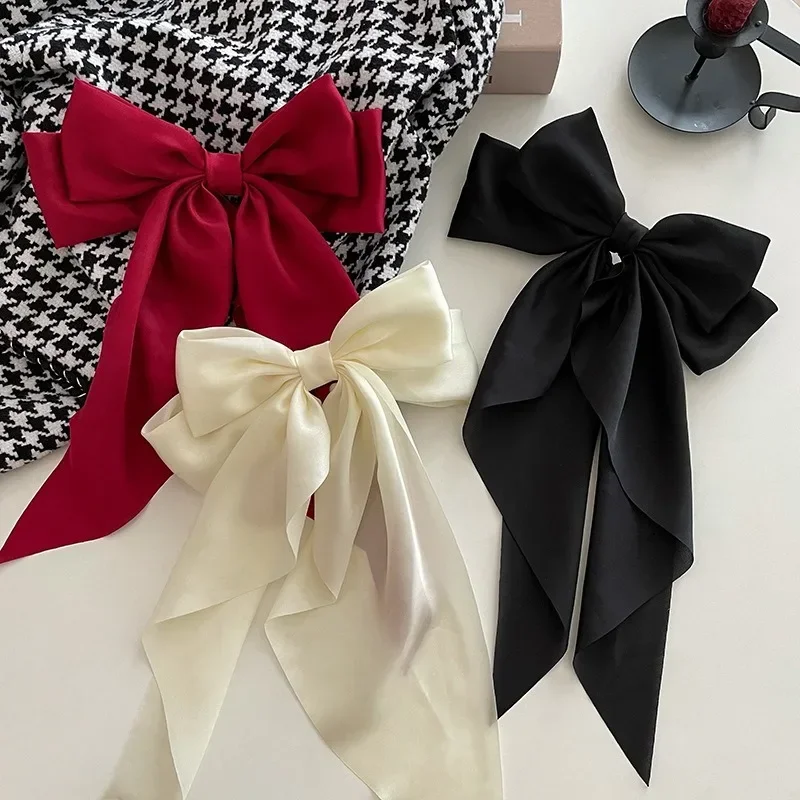 1 Uds. Cinta de satén de Color sólido, lazos grandes, horquilla, Clips de primavera, accesorios para el cabello para mujeres y niñas, sombreros coreanos de de verano 2023