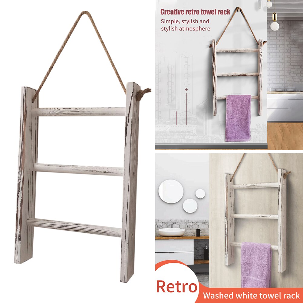 3 lager förvaringsstege heminredning vägghängande filtar med rep vitkalkat kök vardagsrum trähandduksställ mini retro