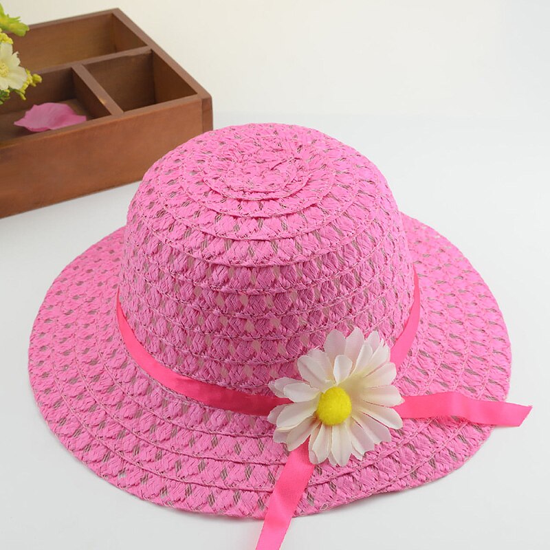 Straw Hat Summer Children Sun Flower Solid Color Lace Sun Hat Kids Sweet Bonnets Girl Beach Travel Hat Cap With Woven Basket: 09