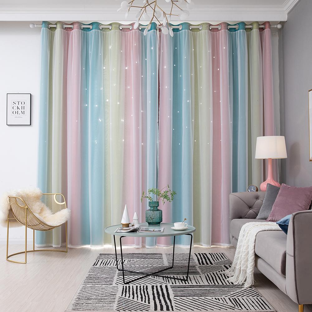 100 x 250cm romantisk regnbuefarve ren gardin pige børn soveværelse fuld mørklægning vindue gardiner hul stjerne gardin: Lyserød