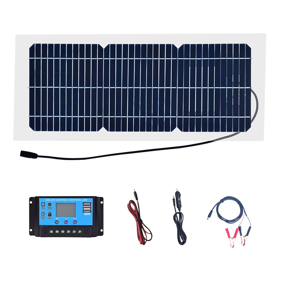 placas solares 10w 20w 30W painel solar portátil carregador de bateria kit com portas USB e 18V DC para banco de energia de telefone celular RVs de barco de carro fora da rede carregue baterias de 12V e dispositivo 5V: 10w solar system