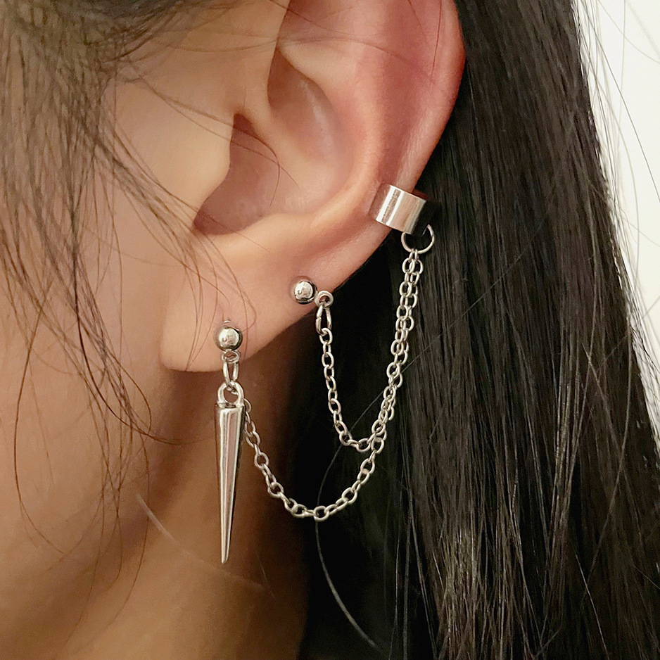 Pendientes con cadena Punk para mujer, Clip de oreja, borla larga, cono puntiagudo, sin agujero para la oreja, E7149: Color amarillo claro