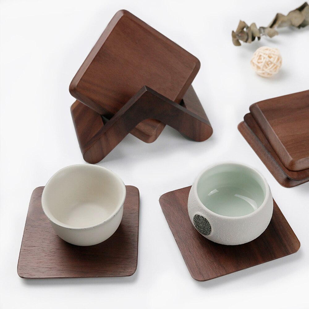 Black Walnut Solid Wood Square Round Teacup Tray Set Japanese Style Anti-slip Cup Tray For Coffee Cup Wood Tray With Stand