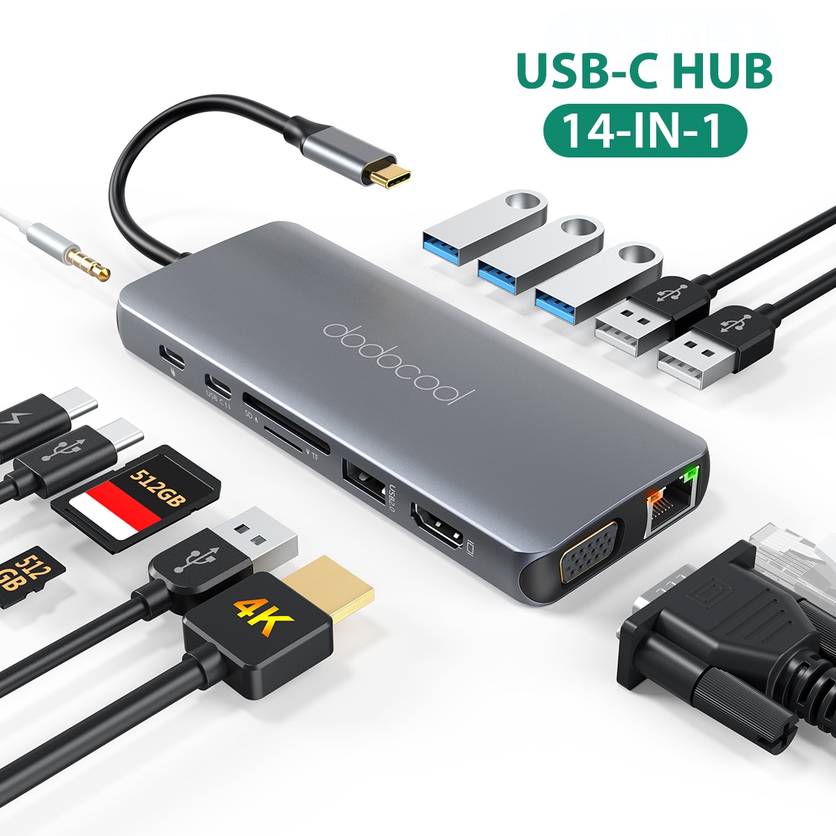Dodocool 14 in 1 USB C Hub für MacBook Android Fenster USB-C Hub geräte SuperSpeed USB 2,0 USB 3,0 Häfen VGA LAN SD Karte Häfen
