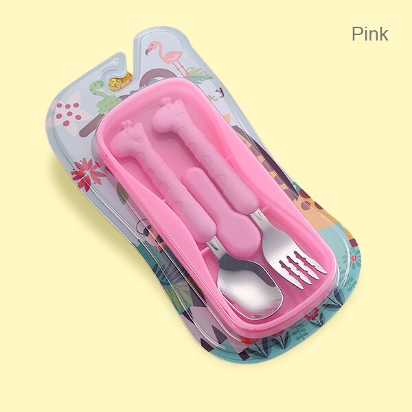 Beeshum Infant Feeding Spoon Fork Baby Gadgets Tableware Set Children Cartoon Utensil Stainless Steel Toddler Dinnerware Cutlery: Pink