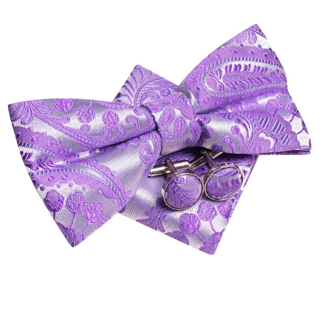 Gravata borboleta de nó masculino, Conjunto Hanky Cuffs, Pré-amarrado, Roxo, Lilás, Lavanda, Pansy, Violeta, Seda, Casamento, Negócios
