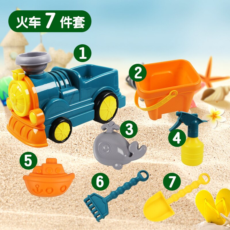 Giocattoli da spiaggia estivi giochi da bagno per bambini carrello di sabbia Set di strumenti per secchiello Beach Party Sport giocattolo all&#39;aperto gioco educativo per acqua ragazzo regalo per bambini: 7pcs Train