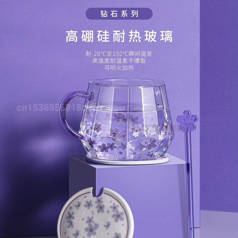 Paars Diamant Cup Blauwe Ster Bloem Hoge Borosilicaat Hittebestendig Glas Koffie Roeren Cup Glas Water Beker Deksel Afdrukken cups
