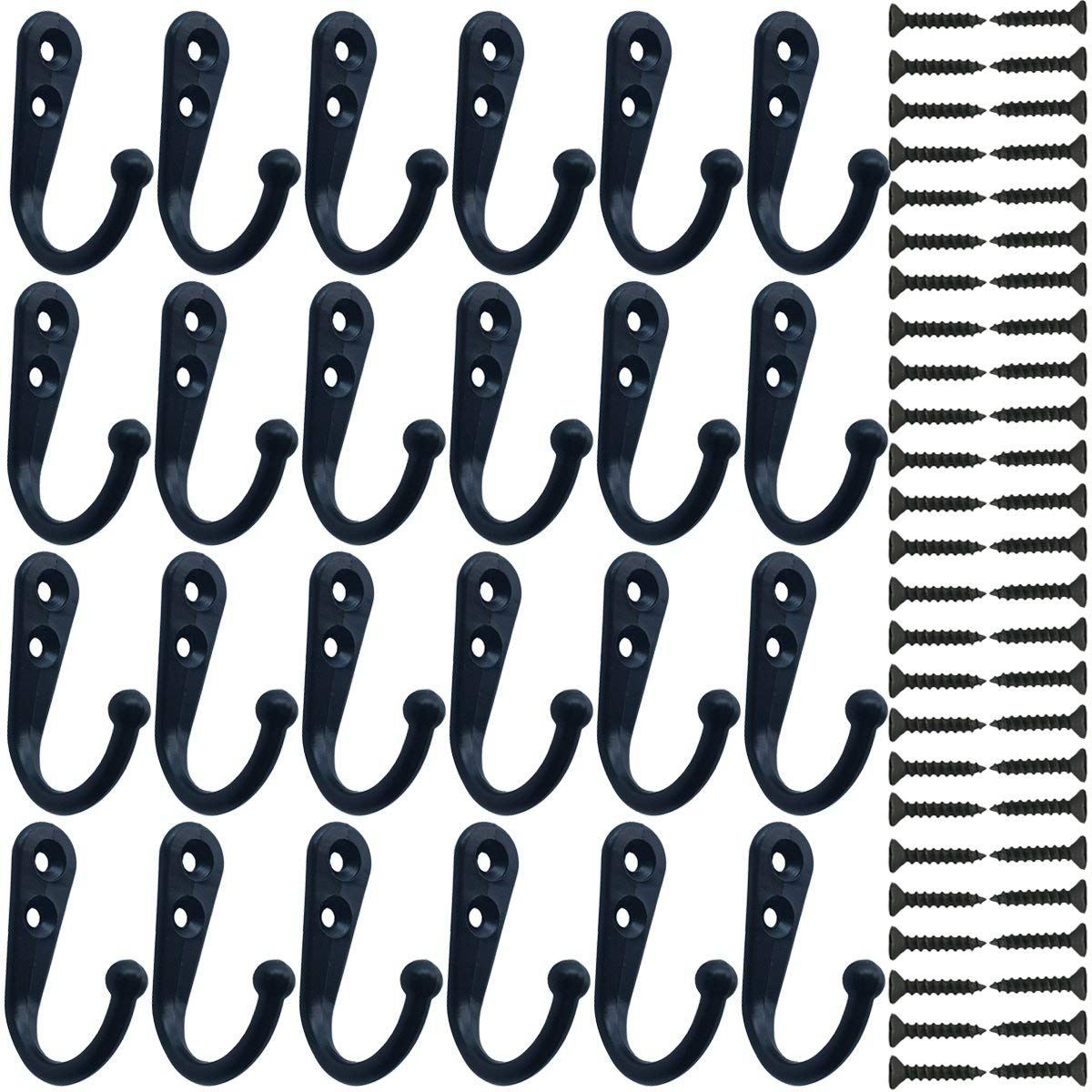 24 Pieces Coat Hooks Wall Mounted Robe Hook Single Coat Hanger No Scratch and 50 Pieces Screws Black