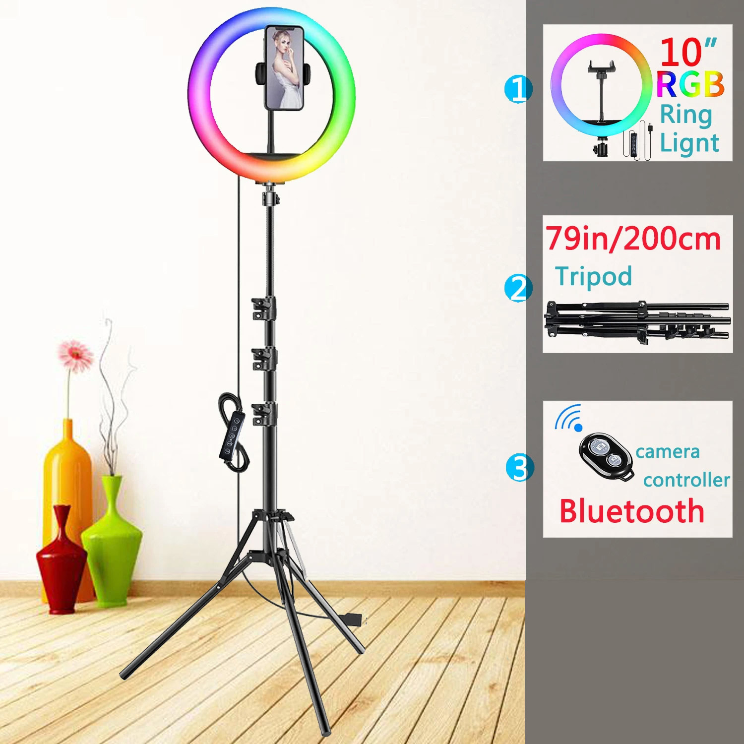 10 pollici RGB Selfie Ring Light Treppiede Supporto per telefono Fotografia RingLight Cerchio Luce di riempimento Lampada a colori a LED Trepied Makeup: Grey