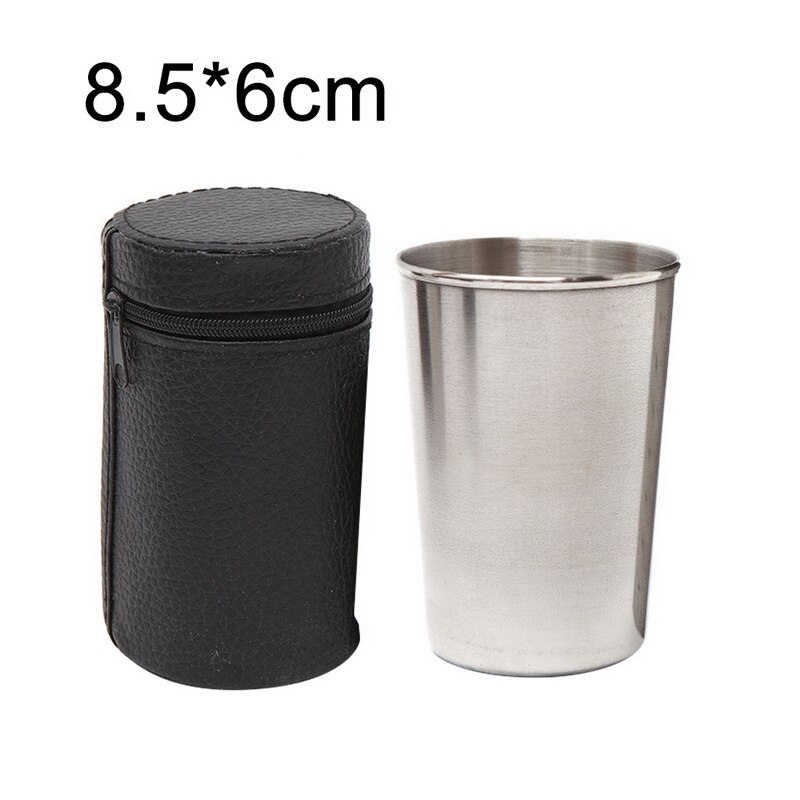 Bärbart rostfritt stål polerat vin dricksglas glas kopp kärl 4 st / set med läder täckväska väska bärväska barware: C