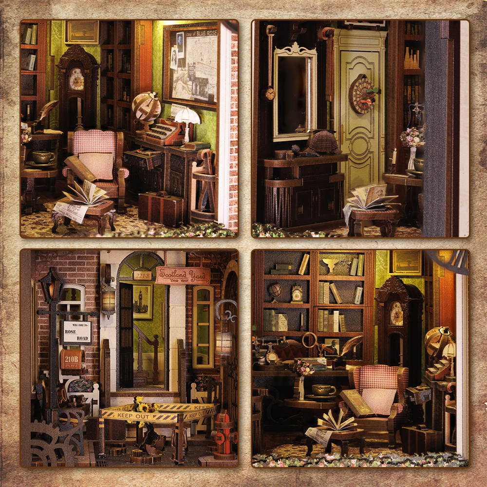 CUTEBEE Book Nook 3D Puzzle Miniature Doll House Kit With Touch Light Dust Cover DIY Booknook Toy Rose Detective Agency