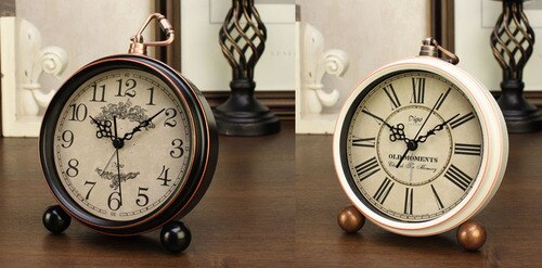 Small Retro Desk Clock Silent Metal Alarm Clock Bedroom Desktop Clock Roman Numerals Relogio Mesa Wrought Clocks AC50TC: Style14-2pcs