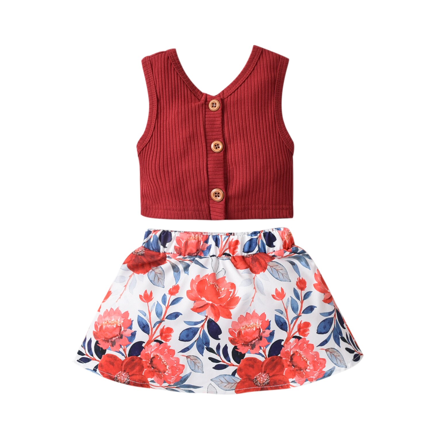 2 Pcs Infant Summer Outfits, Baby Girl Sleeveless Ribbed V-Neck Button Tank Top + Flower Print Skirt (Green): 3 / 4T