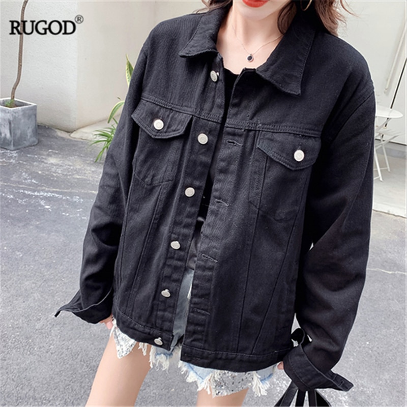 RUGOD Autumn Women Black Denim Jacket Back Abstract Pattern And Letter Print Loose Slim Coat High Street Casual