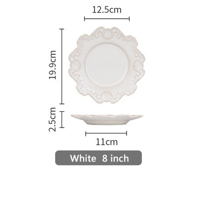 European retro ceramic plates tableware dinner plates ceramic embossed pattern porcelain dessert plate cake plate: White  8 inch